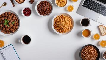 items and food on white table, background design random objects on table photo