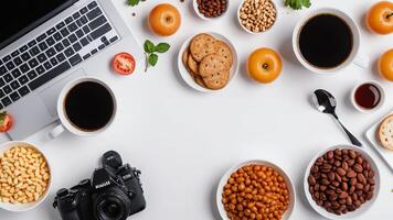 items and food on white table, background design random objects on table photo