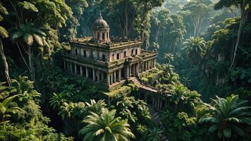 ancient temple surrounded by trees, cliffs and mountains in the forest photo