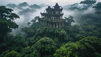 ancient temple surrounded by trees, cliffs and mountains in a misty forest photo