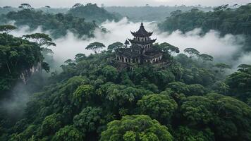 ancient temple surrounded by trees, cliffs and mountains in a misty forest photo