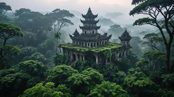 ancient temple surrounded by trees, cliffs and mountains in a misty forest photo