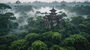 ancient temple surrounded by trees, cliffs and mountains in a misty forest photo