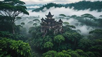 ancient temple surrounded by trees, cliffs and mountains in a misty forest photo