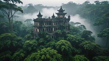 ancient temple surrounded by trees, cliffs and mountains in a misty forest photo
