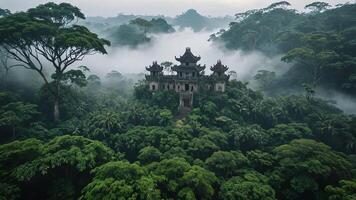 ancient temple surrounded by trees, cliffs and mountains in a misty forest photo
