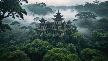 ancient temple surrounded by trees, cliffs and mountains in a misty forest photo