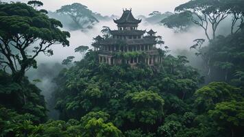 ancient temple surrounded by trees, cliffs and mountains in a misty forest photo