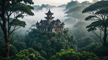 ancient temple surrounded by trees, cliffs and mountains in a misty forest photo