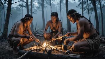 Inland tribe man is assembling something with wood and fire in the middle of the forest photo