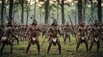 view of a group of inland tribal men practicing war, with a beautiful forest photo