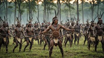 view of a group of inland tribal men practicing war, with a beautiful forest photo