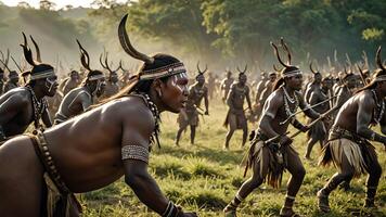 view of a group of inland tribal men practicing war, with a beautiful forest photo