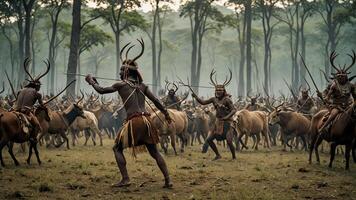 view of a group of inland tribal men practicing war, with a beautiful forest photo