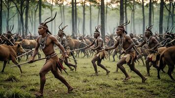 view of a group of inland tribal men practicing war, with a beautiful forest photo