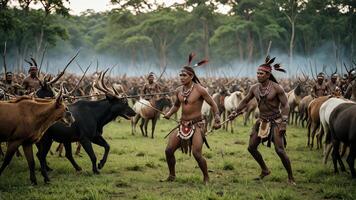 view of a group of inland tribal men practicing war, with a beautiful forest photo