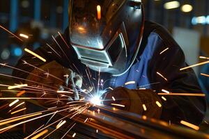 Welder in action, crafting steel structure in industrial workshop. Skilled worker with mask, gloves photo