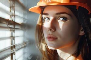Young female engineer, worker in hardhat, helmet, managing construction. Professional, confident photo
