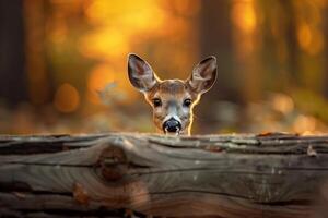 Whitetail deer in forest, young fawn with soft fur, gentle nature portrait. Wildlife in natural photo