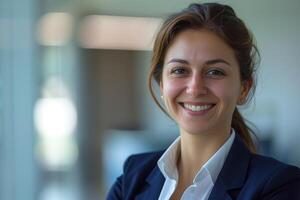 Successful businesswoman in city, confident and professional. Happy, smart female executive standing photo