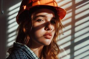 Stylish, confident female architect in hardhat, posing outdoors. Attractive, professional woman in photo