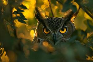 Owl perched in tree, closeup of wise, intense eyes. Predatory bird, brown feathers, sharp beak, photo