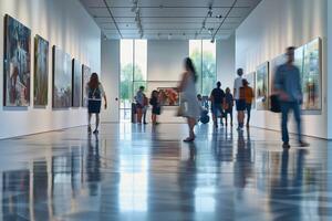 Modern art museum, interior gallery. Person exploring cultural tourism, exhibition architecture. photo