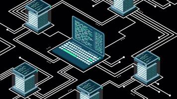 Abstract isometric high technology animation. Cloud storage isometric illustration. Big data center with server. Server room. Transparent background with alpha channel video