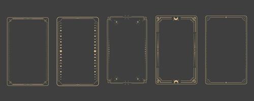 taLine golden frame, celestiam minimal esoteric border, mystyc linear decoration with dots, corners isolated on dark background. Geometric shape, tarrot vector