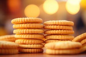 An artistic composition showcasing a stack of ermilk biscuits, each one exhibiting a goldenbrown crust and an airy, fluffedup interior. photo