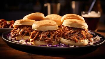 A vibrant image displaying a platter of bitesized ermilk biscuit sliders, filled with tender pulled pork, tangy BBQ sauce, and topped with a zesty slaw. photo