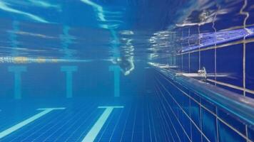Under water view of professional female swimmer. Woman athlete swimmer training at swimming pool. Underwater view woman dives in pool. Underwater view of girl diving gliding underwater with bubbles video