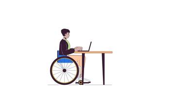 Latin american man in wheelchair working on laptop line 2D character animation. Disability flat color cartoon 4K , alpha channel. Disabled office worker animated person on white background video