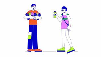 Asian people choosing reusable water bottles line cartoon animation. Sustainability 4K motion graphic. Korean couple with drinks flasks 2D linear animated characters isolated on white background video