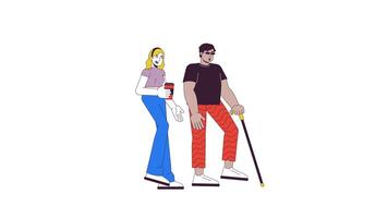 Arab man with blindness on walk with female friend line 2D characters animation. Inclusion flat color cartoon 4K , alpha channel. Diverse buddies animated people on white background video