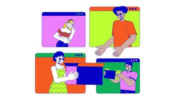 Multiethnic customers selling good online line 2D animation. Decluttering on internet 4K motion graphic. People exchanging stuff linear animated cartoon flat concept, white background video