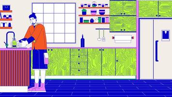 Caucasian man filling reusable bottle with water at home line cartoon animation. Consumption 4K motion graphic. European male at sink 2D linear animated character on interior background video