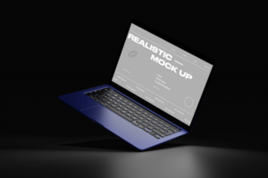 Laptop mockup with realistic 3d scene on dark background psd