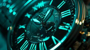 A closeup of a photoluminescent watch face in a dimly lit room. The hands and numbers emit a soft greenish light making it easy to tell the time even in the dark. The reflectio photo