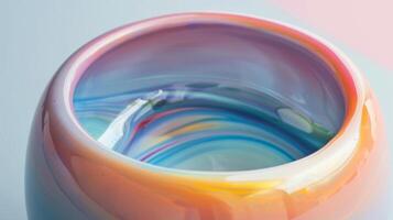 A closeup of a handpainted ceramic vase inspired by the iridescent appearance of aerogels with a rainbow of colors swirling together to create a mesmerizing gradient effect photo