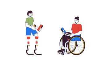 Diverse readers with disabilities line 2D characters animation. Inclusion flat color cartoon 4K , alpha channel. Woman with prosthesis and man in wheelchair animated people on white background video