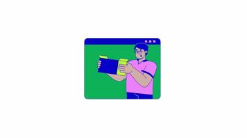 Arab man with plus size selling stuff online line 2D animation. Middle eastern guy showing box on web site 4K motion graphic. Decluttering linear animated cartoon flat concept, white background video