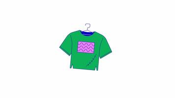 Old t shirt with seam on hanger line 2D object animation. Fixing garment. Sustainable fashion flat color cartoon 4K , alpha channel. Used clothes repair animated item on white background video