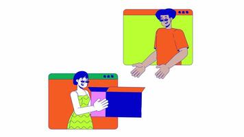 Decluttering via online services line 2D animation. Latin man selling stuff to asian woman 4K motion graphic. Second hand store on internet linear animated cartoon flat concept, white background video