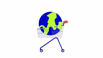 Earth globe in shopping trolley line 2D animation. Business globalization. International overconsumption 4K motion graphic. Buying world linear animated cartoon flat concept, white background video