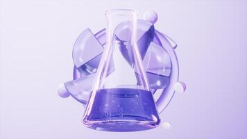 Conical flask with purple glass background, 3d rendering. video
