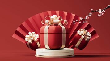 Gift box with red Chinese ancient fan background, 3d rendering. video