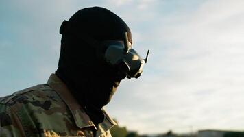 Man with VR Viewer Of Enemy Attackers Controls A Spy Drone video