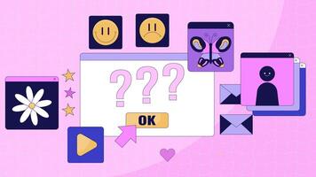 Vintage web page error kawaii lo fi animated cartoon background. Old computer software lofi aesthetic live wallpaper animation. Internet browsing color cute chill scene 4K motion graphic video