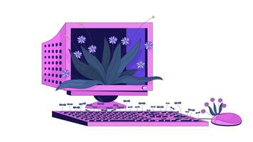 Vintage computer with growing plants line 2D animation. Lo fi technology and flora integration 4K motion graphic. Recycling pc station linear animated cartoon flat concept, white background video